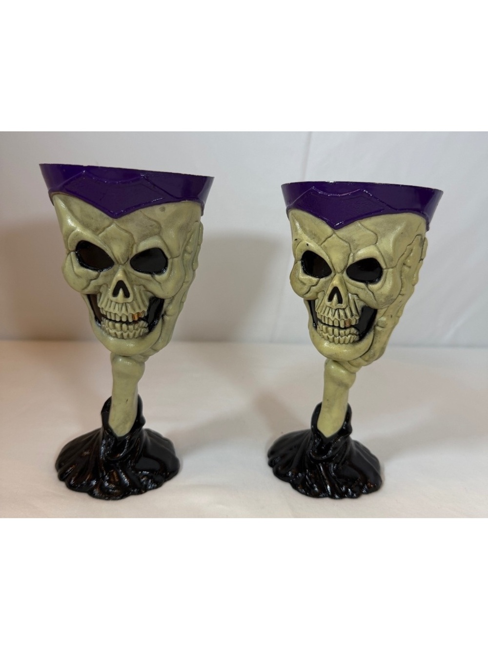 Pair of Skull-Themed Halloween Goblet Cups with Purple and Black Accents